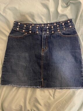Bubblegum Dark Blue Denim Mini Skirt with Grommet Waist